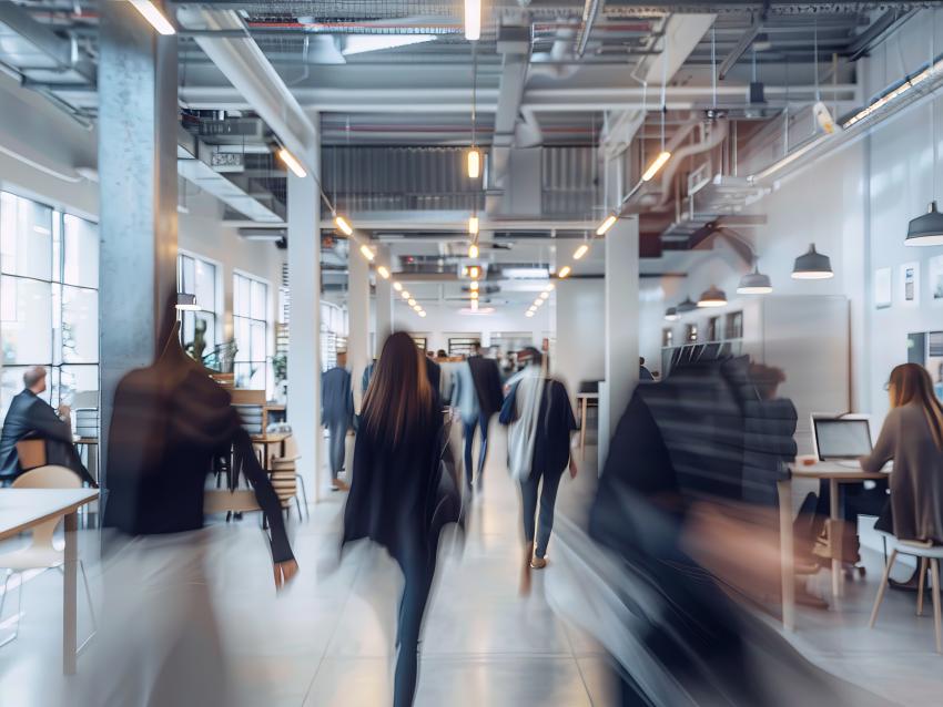 photo shows an office building with blurred people walking through