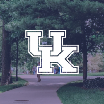 a graphic of the University of Kentucky logo with just the "UK" over a background of a picture of campus