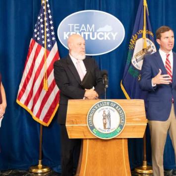 KIPRC Director Terry Bunn, CHFS Secretary Eric Friedlander and Kentucky Gov. Andy Beshear announce a new website to help people in recovery find housing